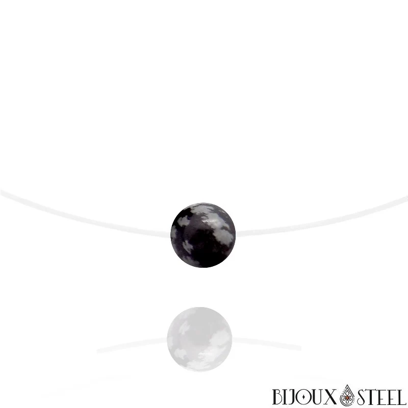 Collier à perle d'obsidienne flocon de neige sur fil de nylon