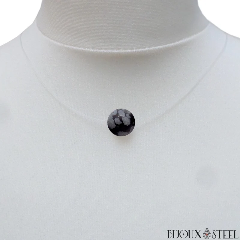 Collier à perle d'obsidienne flocon de neige sur fil de nylon