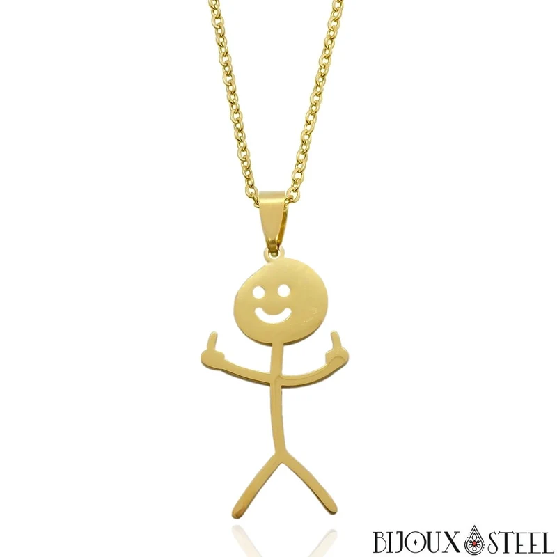 Collier à pendentif bonhomme doigt d'honneur en acier inoxydable
