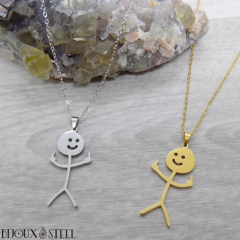 Collier à pendentif bonhomme doigt d'honneur en acier inoxydable