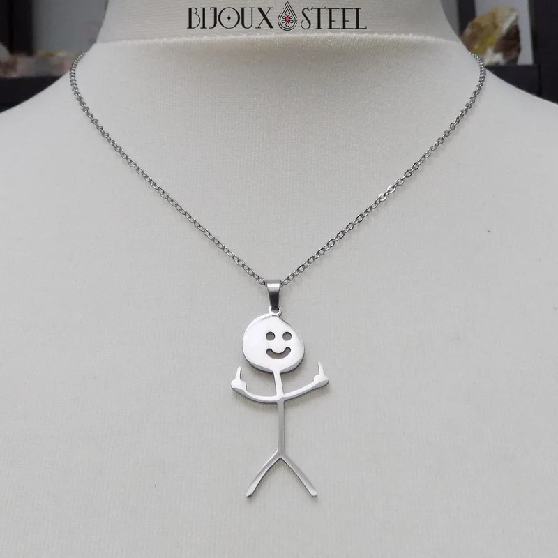 Collier à pendentif bonhomme doigt d'honneur en acier inoxydable