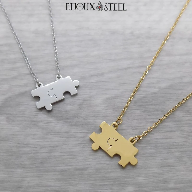 Collier pièces de puzzle en acier inoxydable