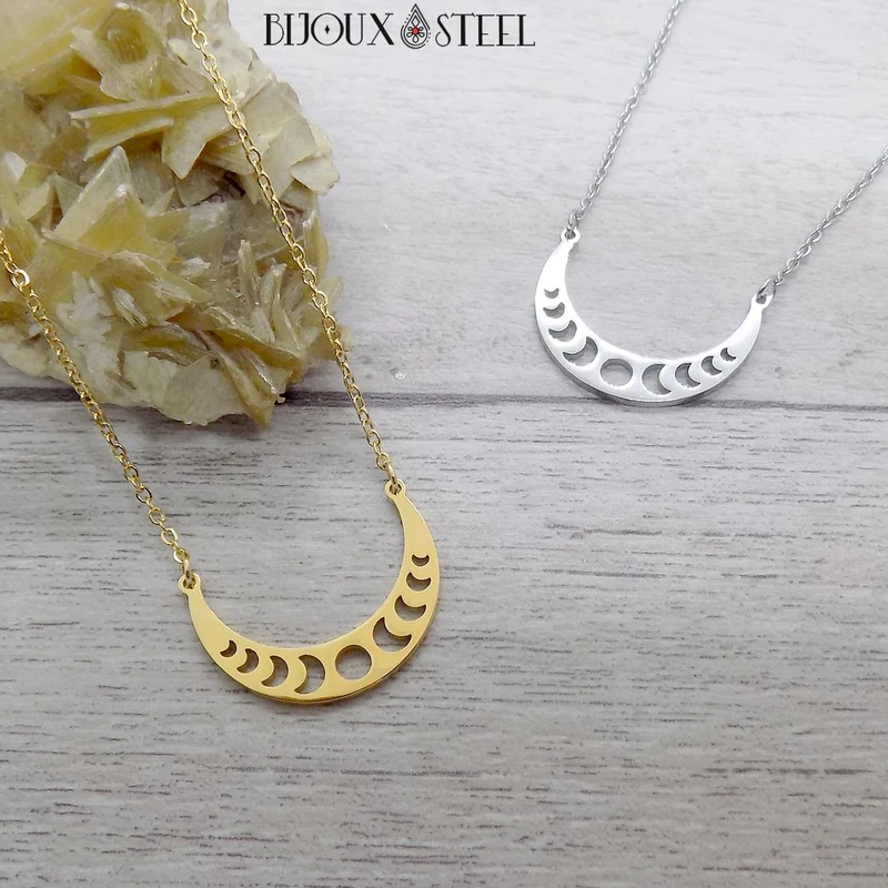 Collier phases de la Lune en acier inoxydable