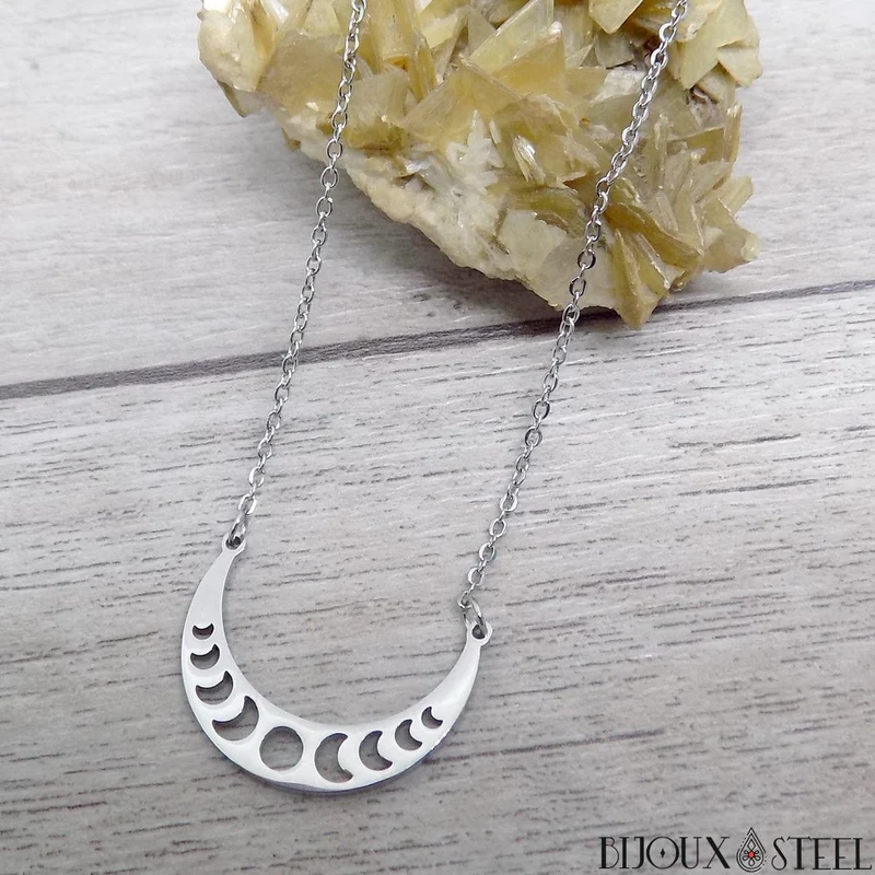 Collier phases de la Lune en acier inoxydable
