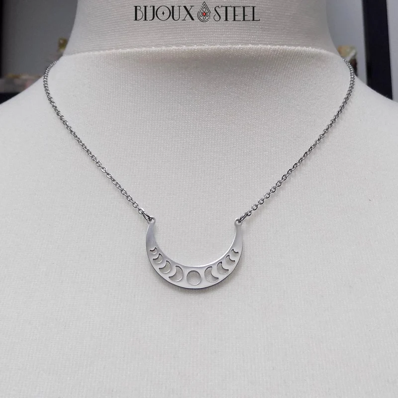 Collier phases de la Lune en acier inoxydable