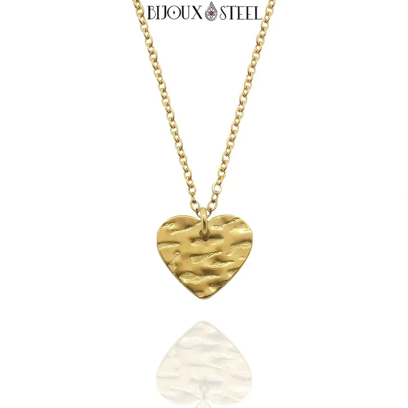 Collier à pendentif coeur martelé en acier inoxydable