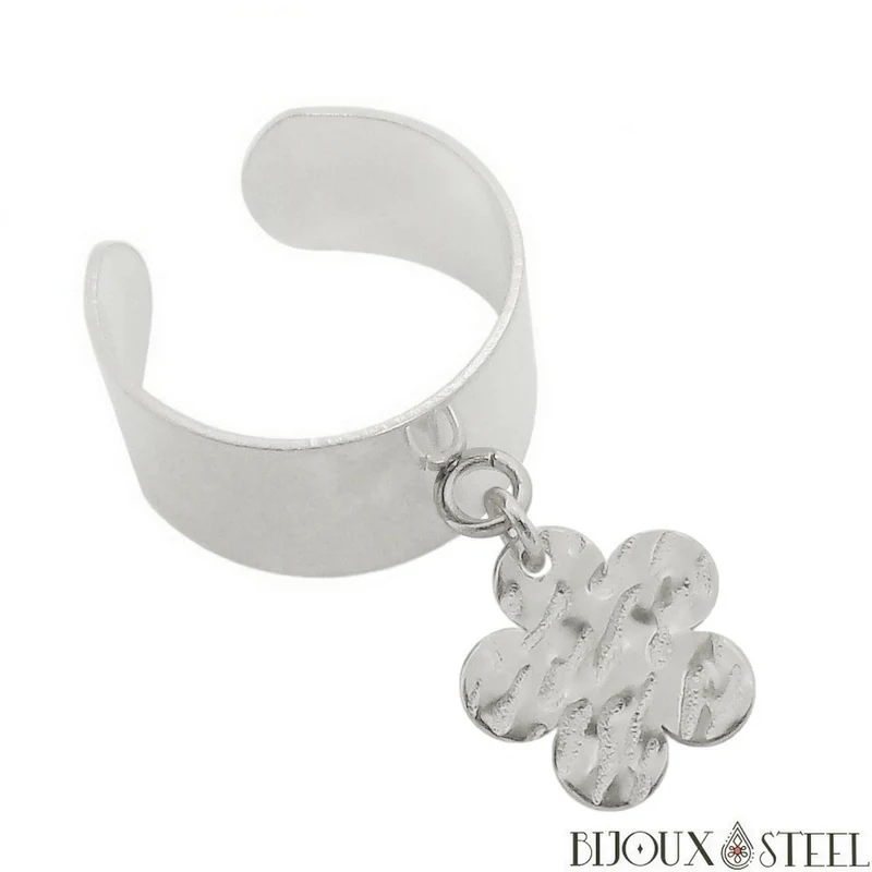 Bague large ajustable à pendentif fleur martelée en acier inoxydable