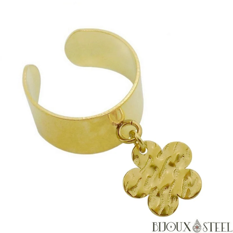 Bague large ajustable à pendentif fleur martelée en acier inoxydable