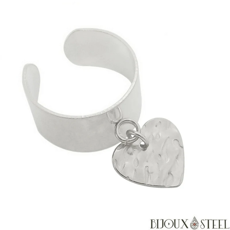 Bague large ajustable à pendentif coeur martelé en acier inoxydable