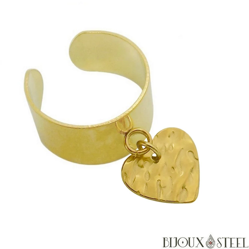Bague large ajustable à pendentif coeur martelé en acier inoxydable