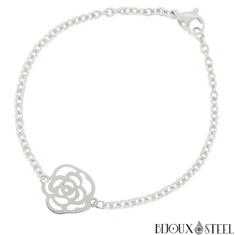 Bracelet fleur rose en acier inoxydable