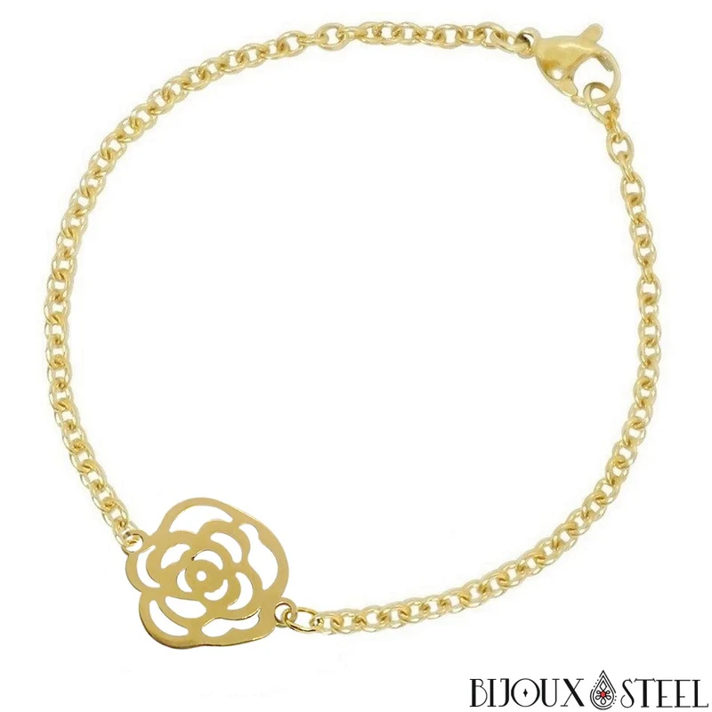 Bracelet fleur rose en acier inoxydable