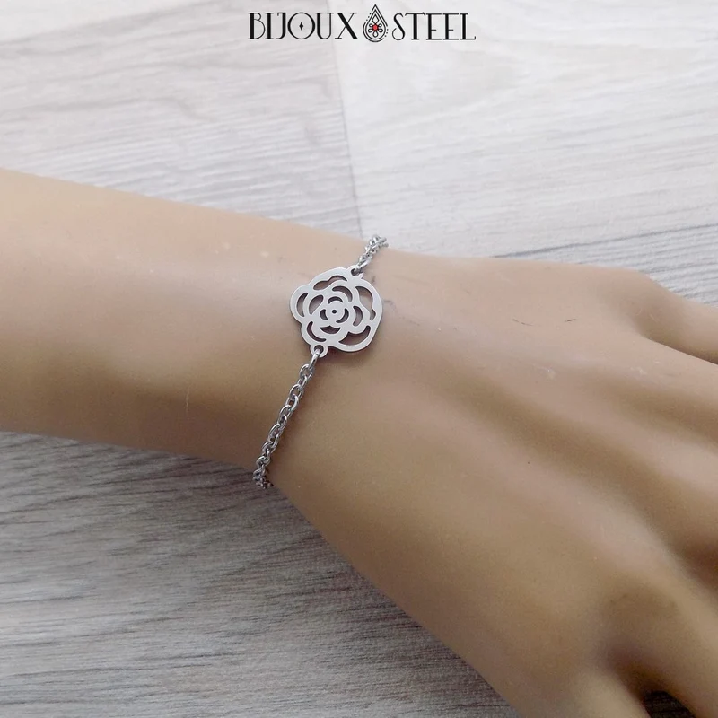 Bracelet fleur rose en acier inoxydable