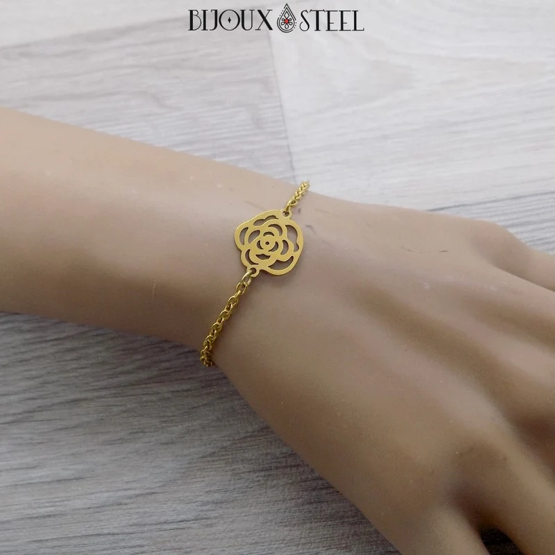 Bracelet fleur rose en acier inoxydable