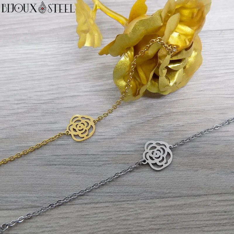 Bracelet fleur rose en acier inoxydable