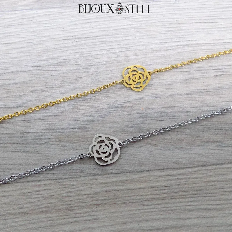 Bracelet fleur rose en acier inoxydable