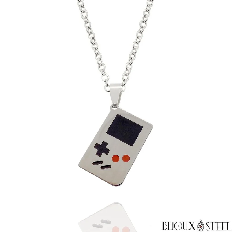 Collier à pendentif retro gamer en acier inoxydable