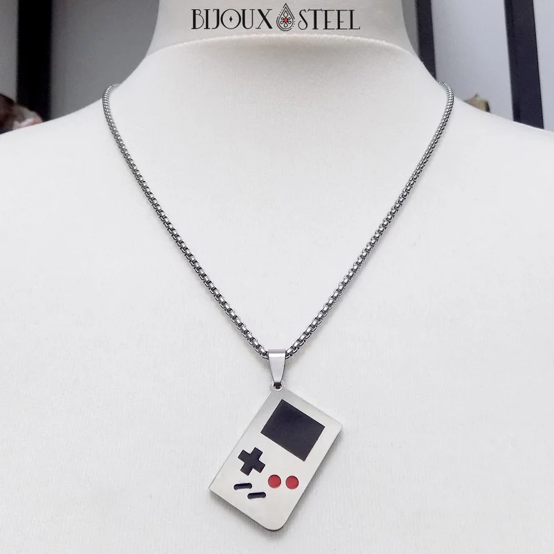 Collier à pendentif retro gamer en acier inoxydable