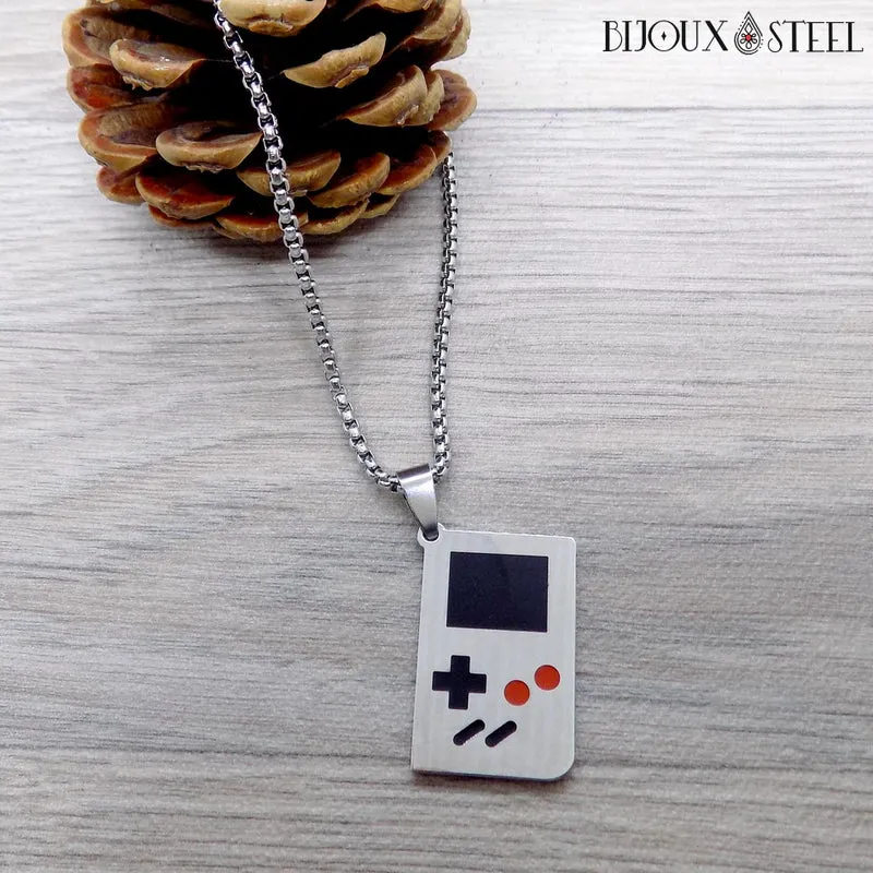Collier à pendentif retro gamer en acier inoxydable