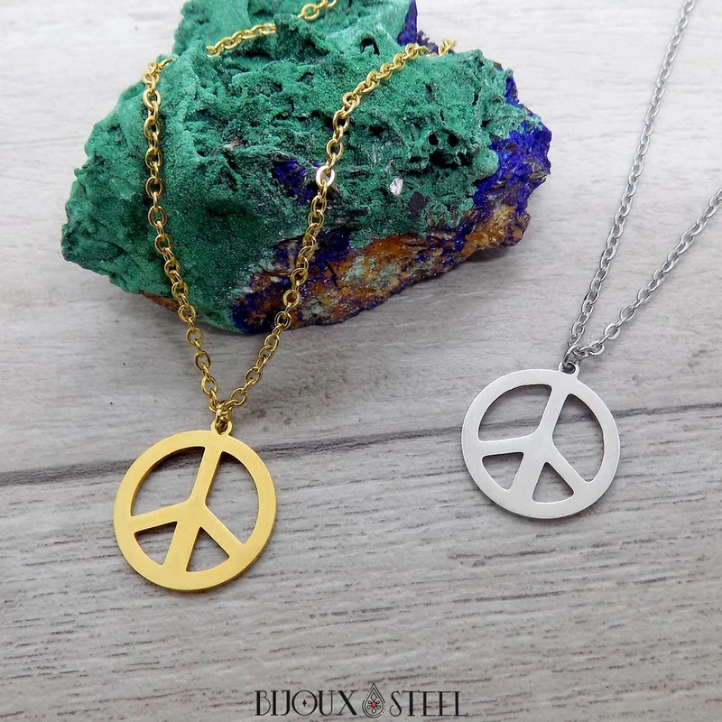 Collier à pendentif Peace and Love en acier inoxydable
