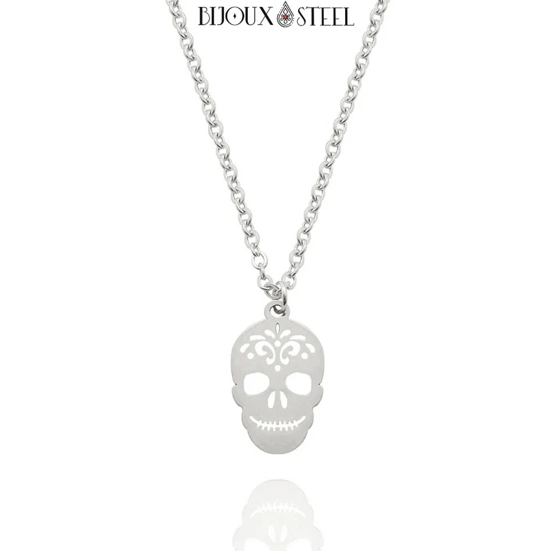 Collier à pendentif tête de mort mexicaine en acier inoxydable