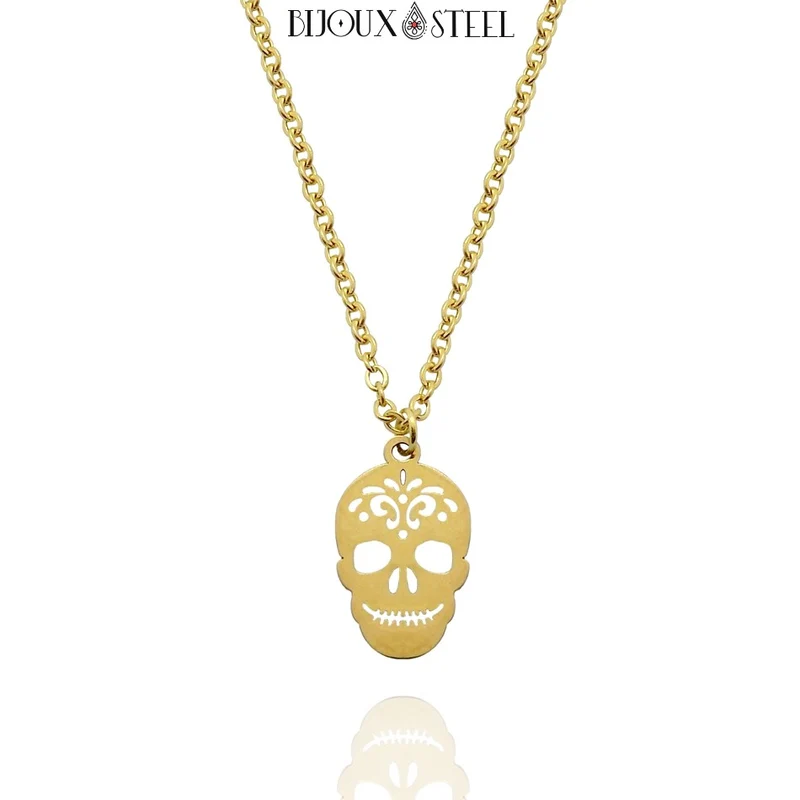 Collier à pendentif tête de mort mexicaine en acier inoxydable
