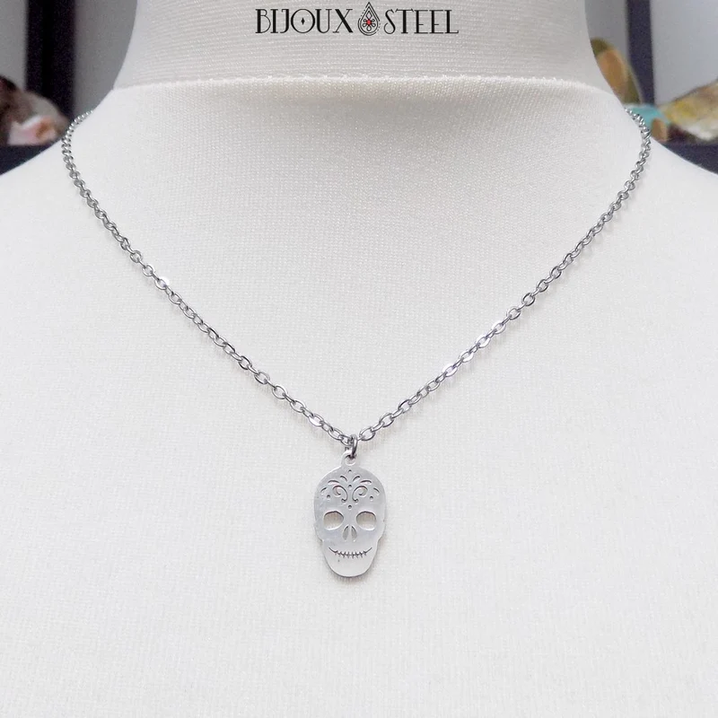 Collier à pendentif tête de mort mexicaine en acier inoxydable