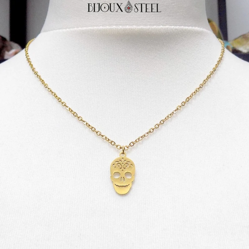 Collier à pendentif tête de mort mexicaine en acier inoxydable