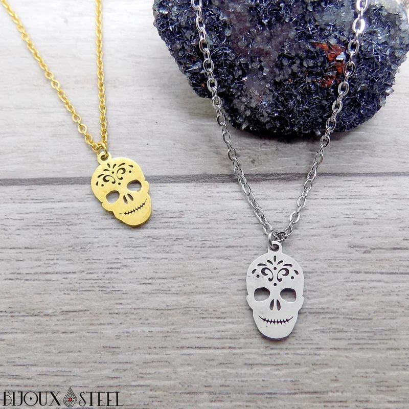 Collier à pendentif tête de mort mexicaine en acier inoxydable
