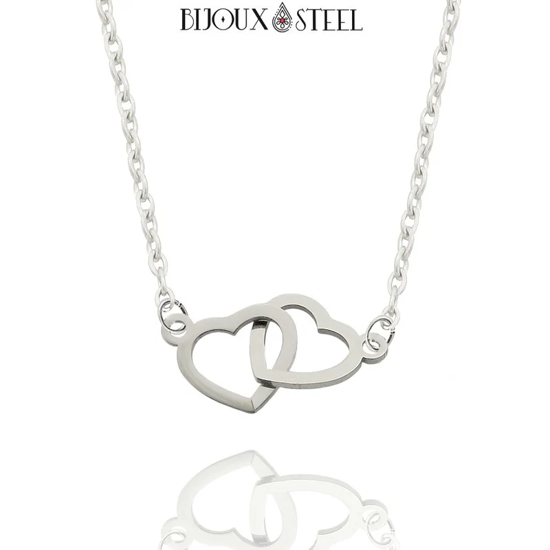 Collier double coeur en acier inoxydable