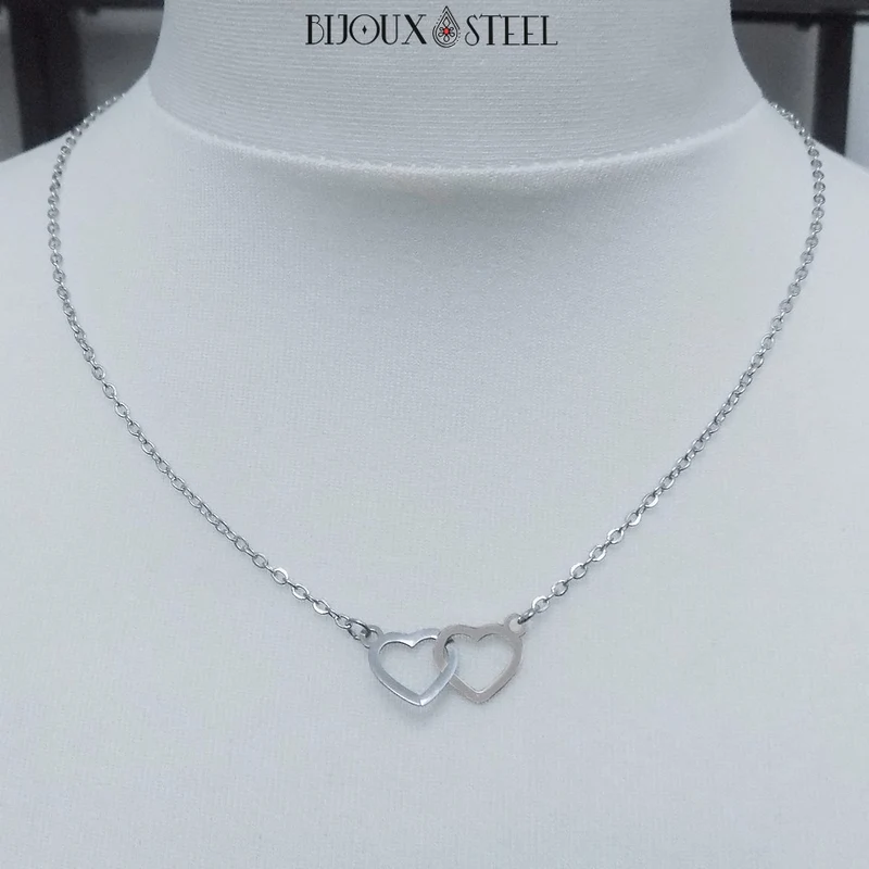 Collier double coeur en acier inoxydable