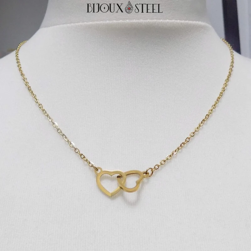 Collier double coeur en acier inoxydable