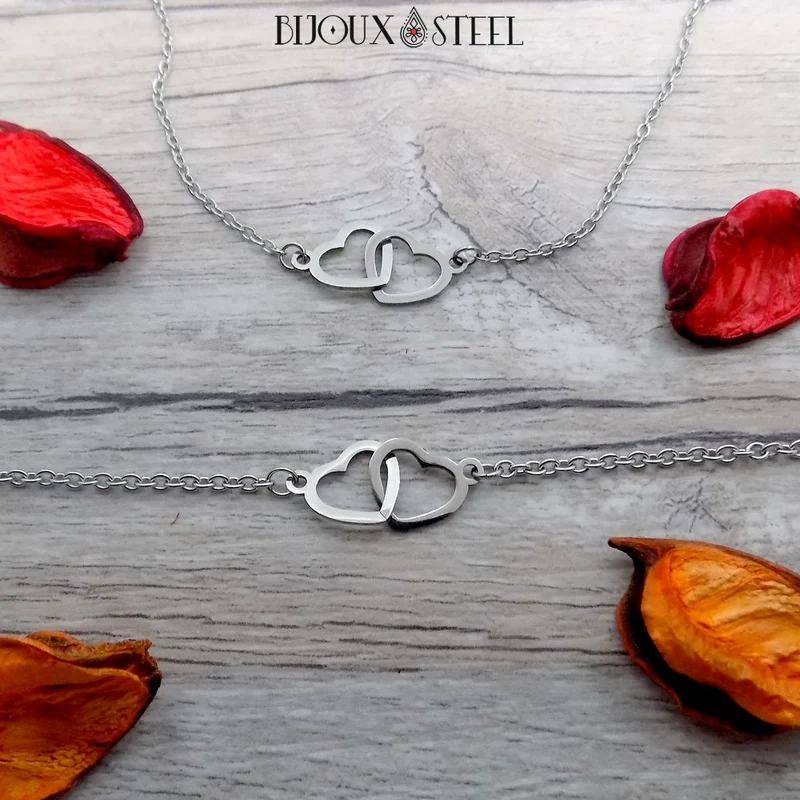 Collier double coeur en acier inoxydable