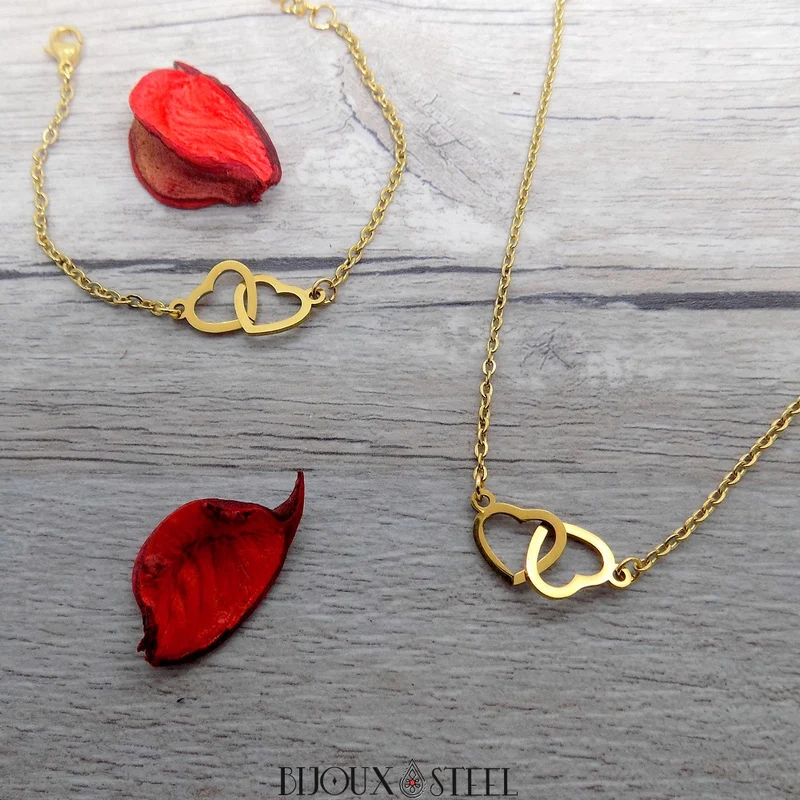 Collier double coeur en acier inoxydable