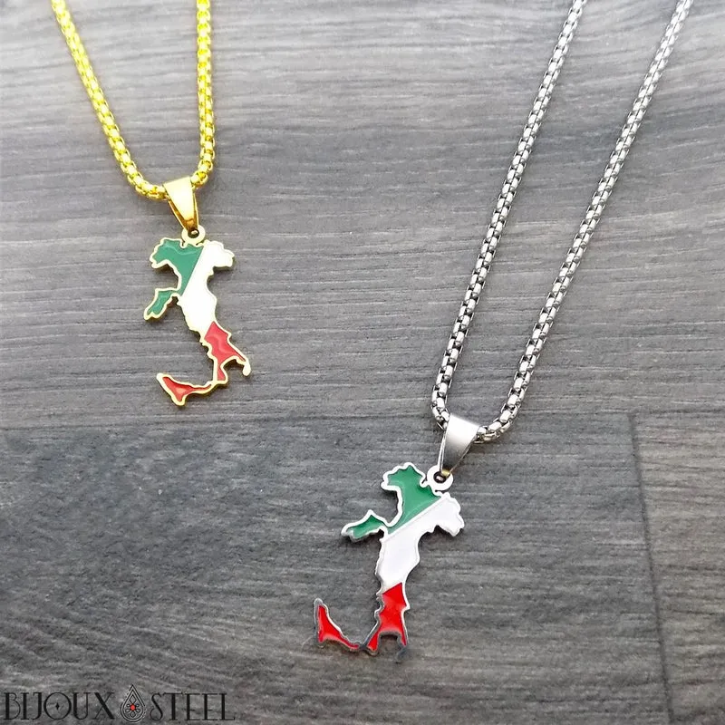 Collier homme carte de l'Italie en acier inoxydable