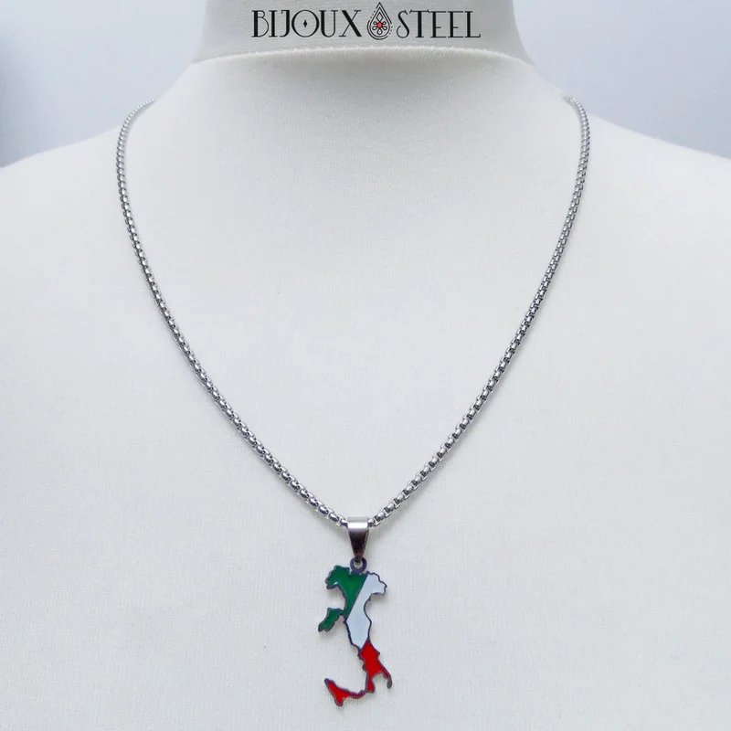 Collier homme carte de l'Italie en acier inoxydable