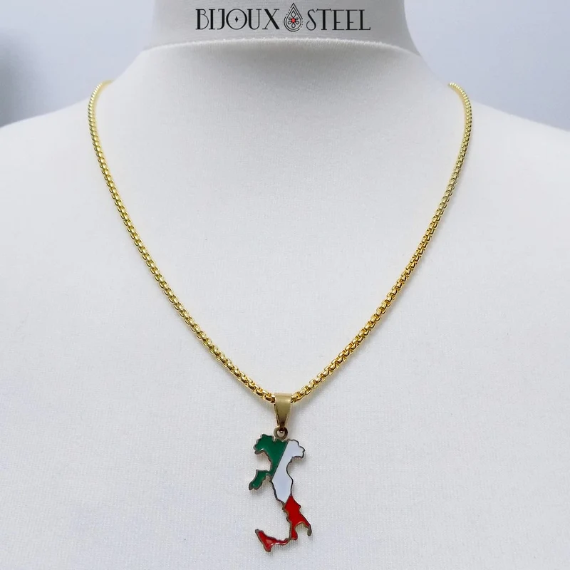 Collier homme carte de l'Italie en acier inoxydable