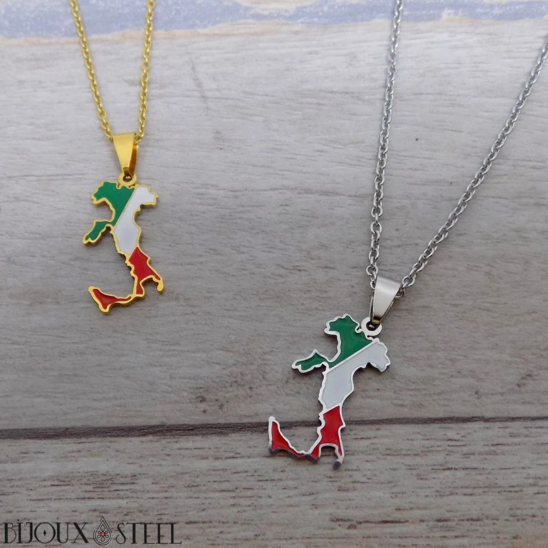 Collier à pendentif carte de l'Italie en acier inoxydable
