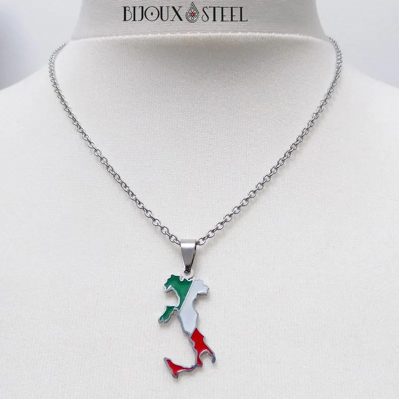 Collier à pendentif carte de l'Italie en acier inoxydable