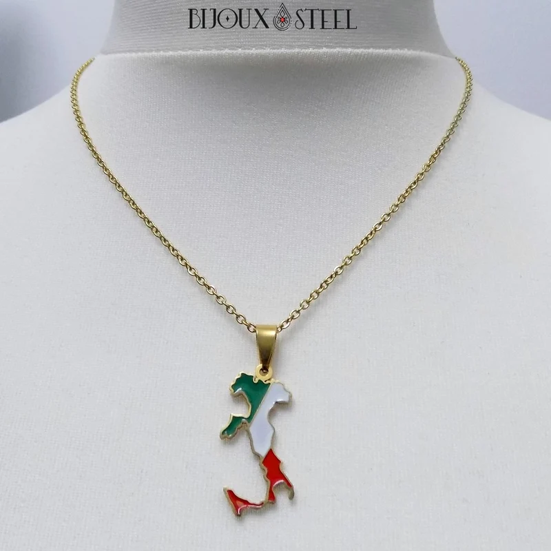 Collier à pendentif carte de l'Italie en acier inoxydable