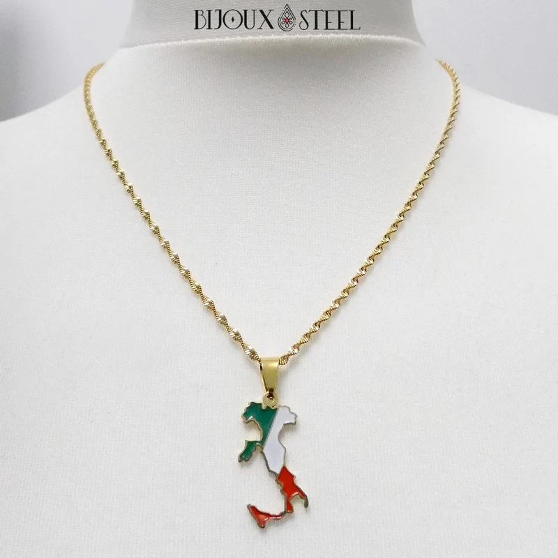 Collier à pendentif carte de l'Italie en acier inoxydable
