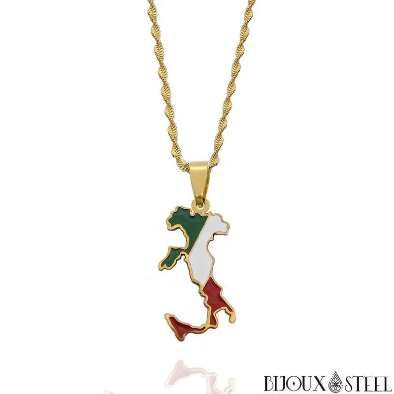 Collier à pendentif carte de l'Italie en acier inoxydable
