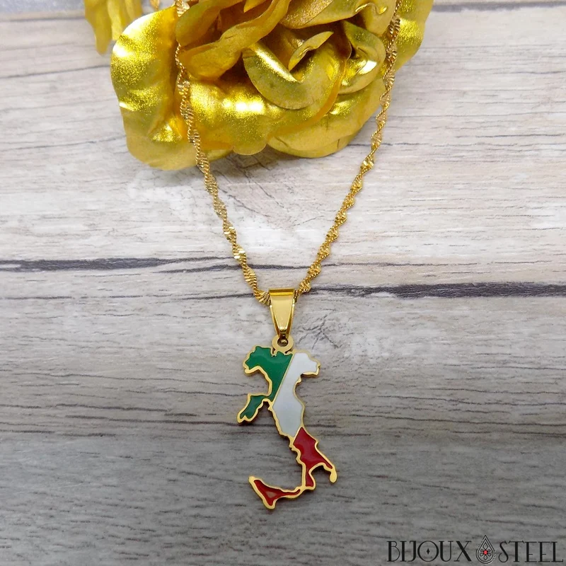 Collier à pendentif carte de l'Italie en acier inoxydable