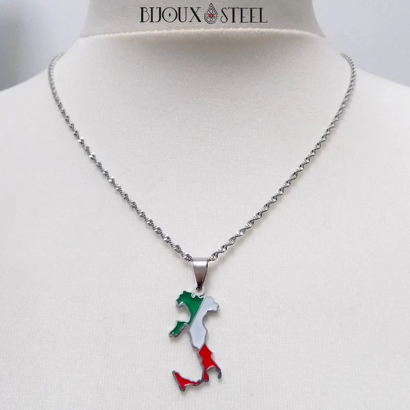 Collier à pendentif carte de l'Italie en acier inoxydable