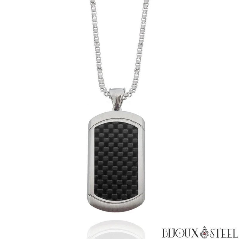 Collier à pendentif plaque argentée et carbone noir et acier inoxydable