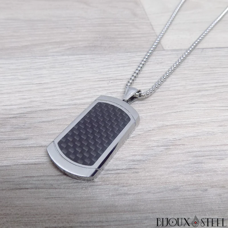 Collier à pendentif plaque argentée et carbone noir et acier inoxydable