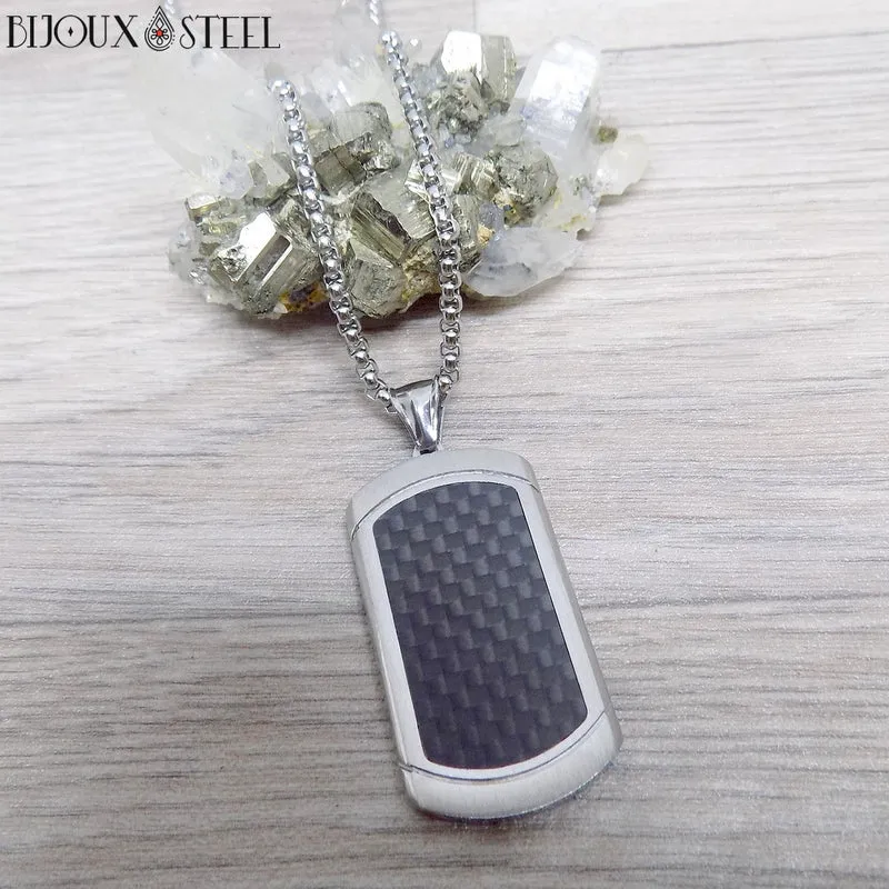 Collier à pendentif plaque argentée et carbone noir et acier inoxydable