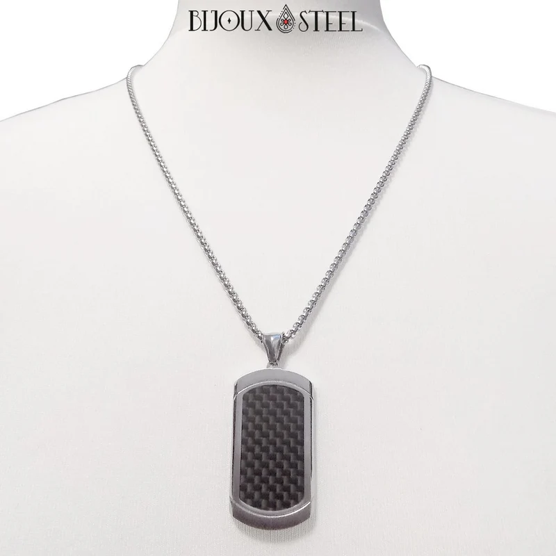 Collier à pendentif plaque argentée et carbone noir et acier inoxydable