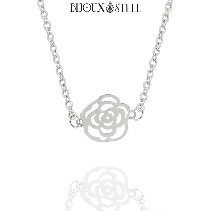 Collier fleur rose en acier inoxydable