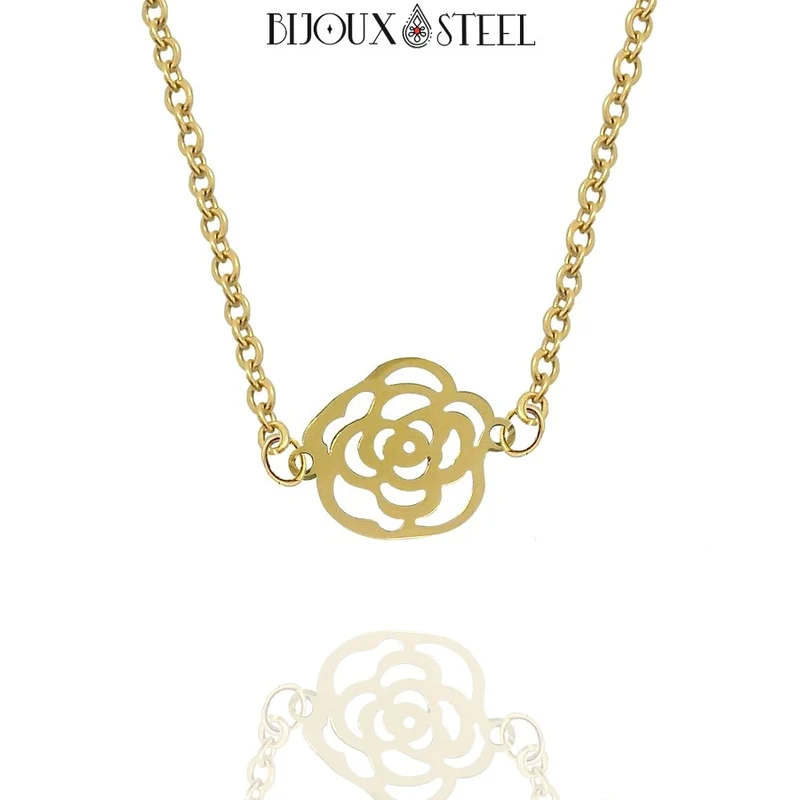 Collier fleur rose en acier inoxydable